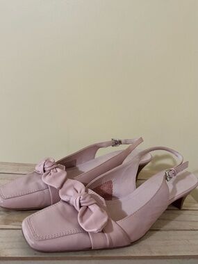 Franco Sarto| Pink Leather Bow Slingback Kitten Block Heels Square Toe Sz 6